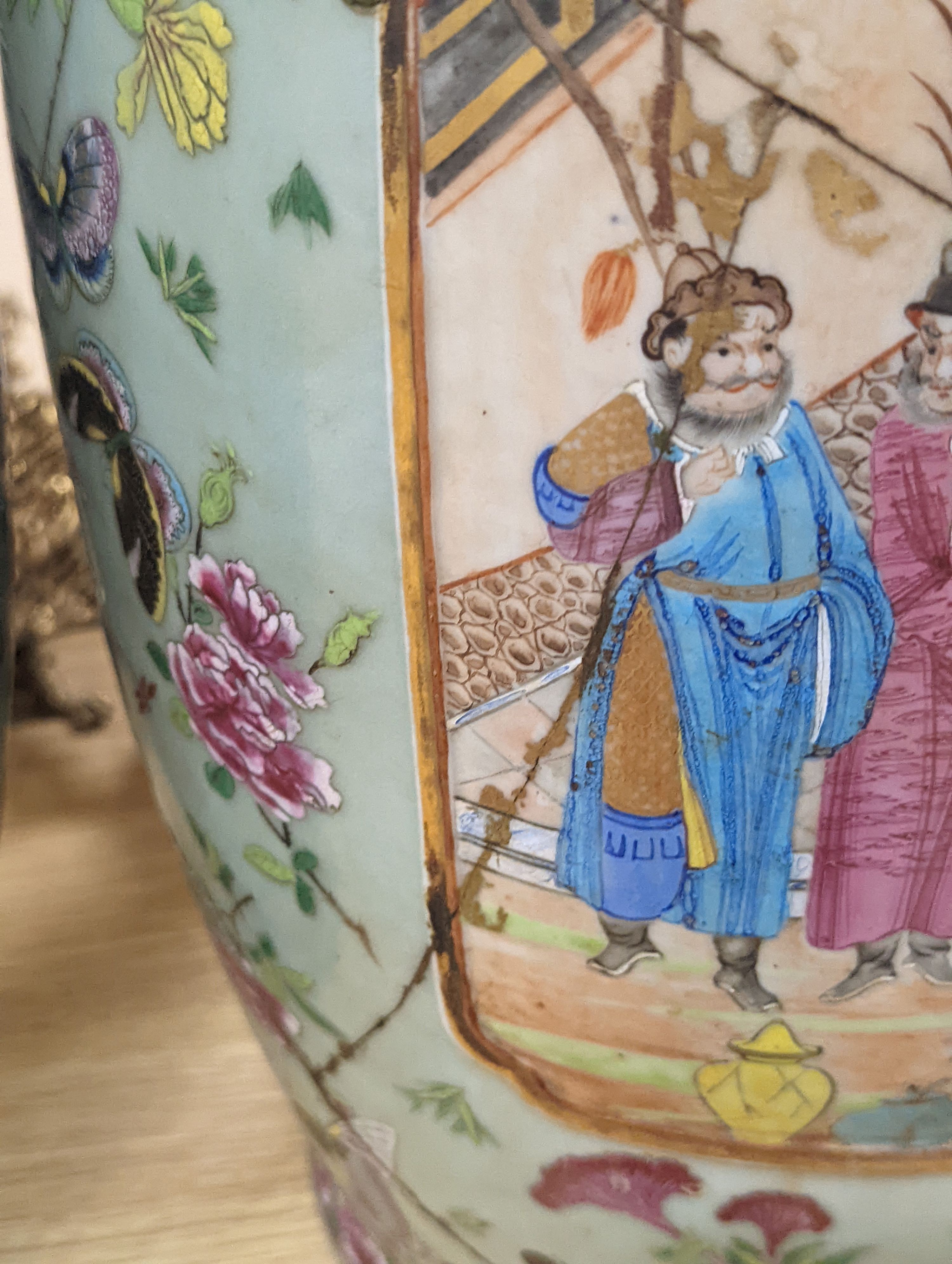 A pair of large 19th century Chinese famille rose celadon ground vases (a.f.) 65cm
